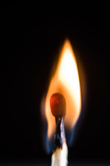 Burning match, on a black background. Macro shot,.