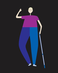 A blind albino is isolated on a black background for design, a flat vector stock illustration with a man or guy with glasses and a white cane as a concept of blindness and disability