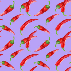 Chili peppers on lilac background hand drawn seamless pattern. Manual illustration in gouache. background for wallpaper, background, fabric, textile, cafe, restaurant, resort, exotic, packaging