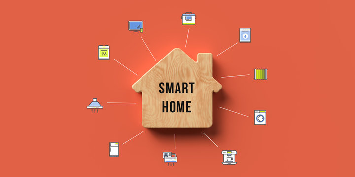 wooden house symbol with message SMART HOME and many tech symbols on orange background