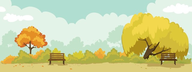 Abstract landscape -- autumn park. Watercolor vector illustration, seamless background with trees and benches. © imagination13