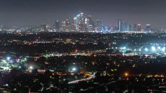 Los Angeles Downtown Night Skyline From Mid City Time Lapse Tilt Up