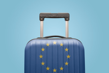 Baggage with European Union flag print tourism and vacation concept.