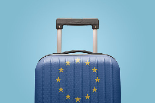 Baggage with European Union flag print tourism and vacation concept. - Powered by Adobe