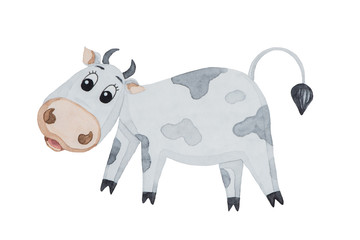 Watercolor illustration of a funny cartoon cow with black spots isolated on white background for new year