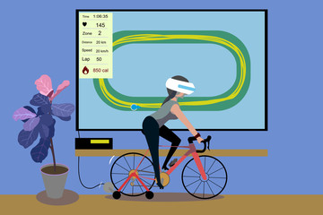 The woman is cycling at home with the virtual reality gear.