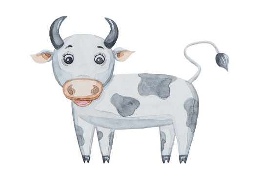 Watercolor illustration of a funny cartoon cow with black spots isolated on white background for new year