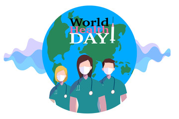 World health day is on 7 April. This picture show 3 doctors are working on the earth with life wave background.
