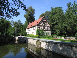 Fototapeta na wymiar Schlossgarten, Schlossgraben und Vorburg Wasserschloss Mitwitz