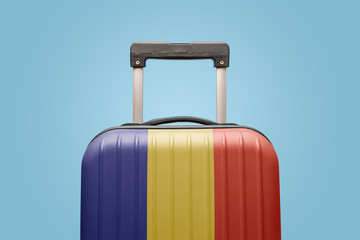 Baggage with Romania flag print tourism and vacation concept.