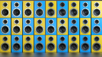 The group of yellow and blue musical speakers with chrome details on a black background. Grid structure. 3d render.