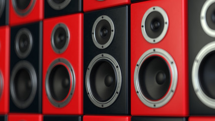 The group of black and red musical speakers with chrome details on a black background. Grid structure. 3d render with depth of field.