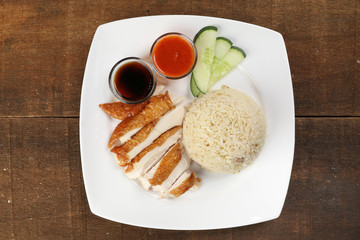 South east asian style chicken rice set steamed roasted sliced chicken with soup dark chilli sauce malaysia china