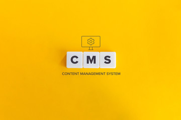 CMS (Content Management System) banner and concept. Block letters on bright orange background....