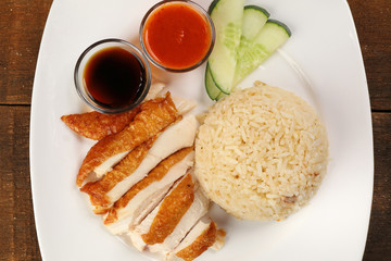 South east asian style chicken rice set steamed roasted sliced chicken with soup dark chilli sauce malaysia china