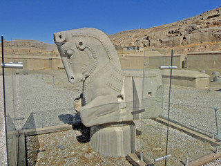 Remains of Persian column's capital in form bull head. Sculpture once decorated top of pillar in...