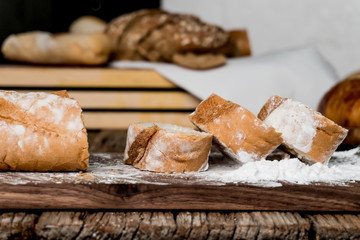 Background of variety mixed homemade organic bio fresh bake pastry ( sliced bread, toast, loaf, Croissant and baguette ). Best for delicious healthy vegetarian meal breakfast lunch with chess and  jam