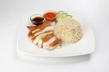 South east asian style chicken rice set steamed roasted sliced chicken with soup dark chilli sauce malaysia china