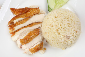 South east asian style chicken rice set steamed roasted sliced chicken with soup dark chilli sauce malaysia china