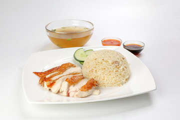 South east asian style chicken rice set steamed roasted sliced chicken with soup dark chilli sauce malaysia china