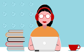 A Woman wearing glasses and headphones are studying online courses.