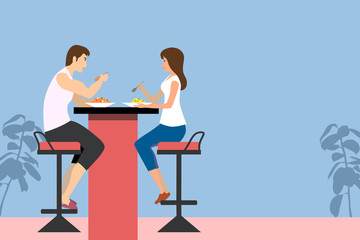 The side view illustration of A couple are eating the meal together.