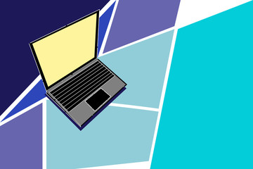 The notebook computer with yellow screen on abstract blue background.