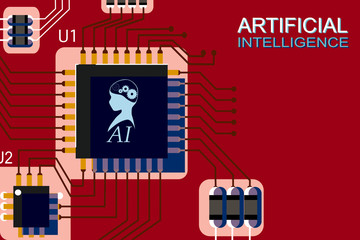 The chip of Artificial Intelligence on circuit board with red  background.