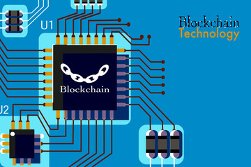Blockchain  Technology chip on circuit board with blue background.