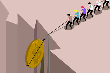Working together to solve the economic problems that are falling. Many people are pulling the rope of the big coin from abyss.