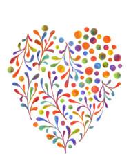 Floral heart flowers, leaves. For the design of backgrounds, invitations, cards, posters, stickers, badges, etc. Hand-painted. Separately on a white background.