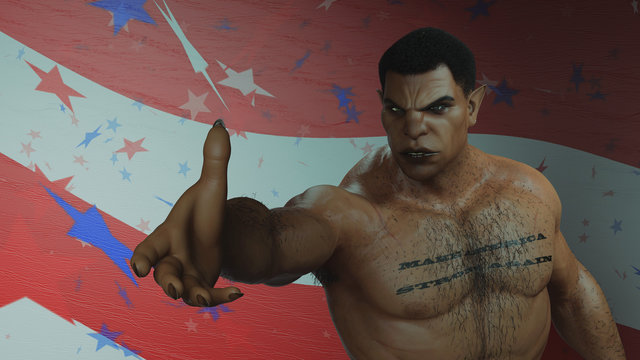 Realistic 3d render illustration. Muscular dark-skinned stern man against the background of a star-striped flag, holds out his hand for mutual assistance