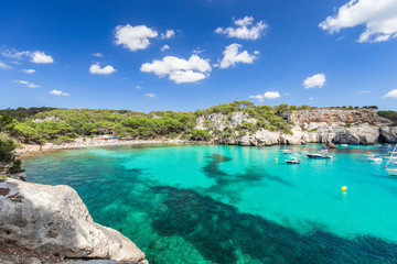 Fototapeta na wymiar Panoramic view of the most beautiful beach Cala Macarella of Menorca island, Balearic islands, Spain