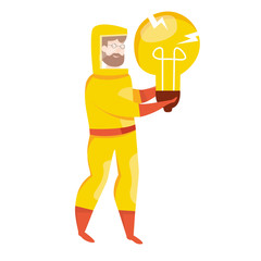 Vector illustration of toxic waste. Doctor in protective suit with broken bulb. Garbage sorting. Man throws a lamp in the trash. Recycling.