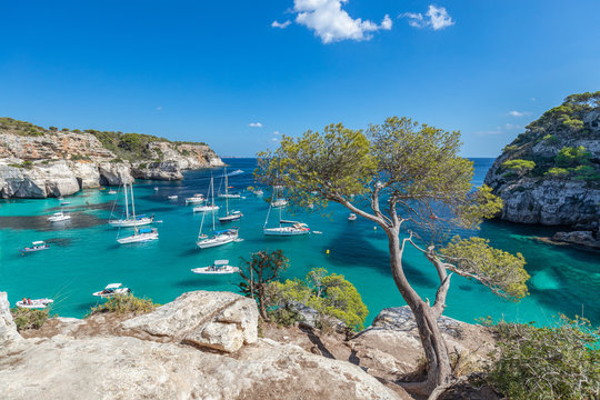 Seascape view of the most beautiful bay Cala Macarella of the island Menorca, Balearic islands, Spain