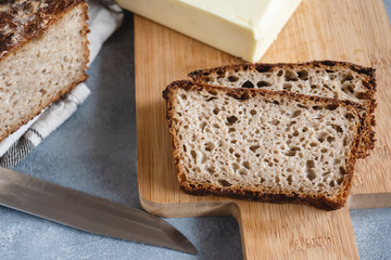 Baked homemade artisan sourdough rye flour bread.