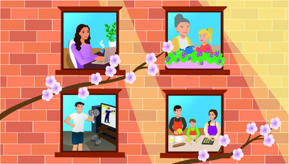 Concept of quarantine during the coronavirus pandemic, you can see in the windows that people do different things: working from home with the computer, cooking, gardening and training.