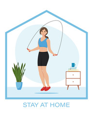 Woman jumping on skipping rope. Stay at home concept. Vector illustration in flat style