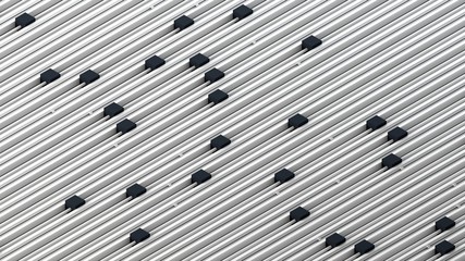 Dark blue sliders on white guide rails. Abstract white background. 3D render.