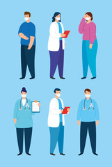 group of medical staff and people sick using face mask vector illustration design
