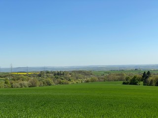 Fototapeta na wymiar Weite Sicht über über die Eifel bis in den Hunsrück bei Cochem - Feld - Naturparadies - Baum - Natur - Landwirtschaft 