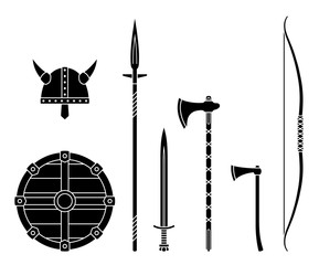 Viking weapons - old medieval shield, helmet, hatchet, sword, ax, axe, bow. Set of warrior equipment Vector illustration