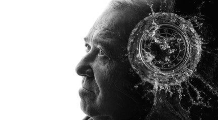 Double exposure of aged male face, clock, water. Abstract black and white old man portrait. Digital art. Concept of life time. The universe inside us. Free space for text.