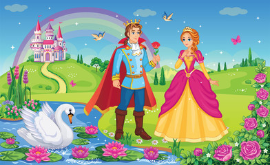 Beautiful elf Princess, Prince, Swan.  King and Queen. Fairytale background. Flower meadow, castle, rainbow, lake. Wonderland. Magical landscape. Children cartoon illustration. Romantic story. Vector.