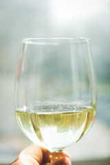 glass of white wine in female hand, selective focus