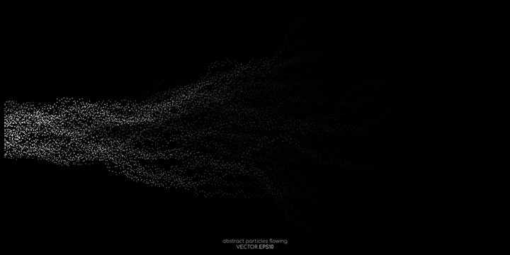 Abstract white dots particles flowing wavy isolated on black background. Vector illustration design elements in concept of technology, energy, science, music.