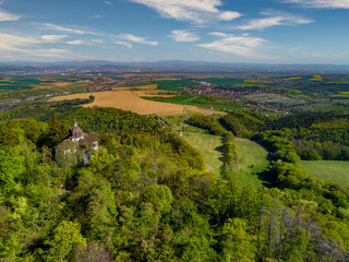 Fototapeta na wymiar Aerial view of castle Buchlov and chapelle of st. Barbora in the Moravia landscape
