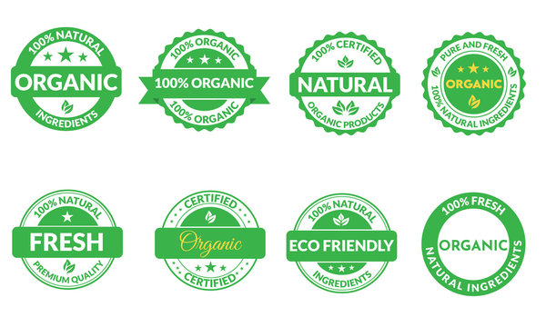 Organic Seal Design. 100% Natural product with premium certified quality. Pure and fresh label design. Eco friendly and Natural ingredients Logo and Seal and Sticker Design