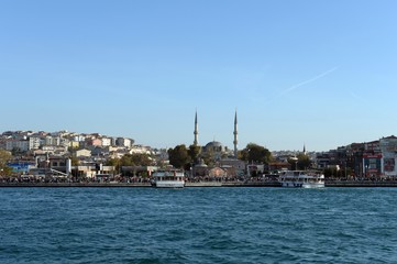 Passenger ships in the Bosphorus Strait at the Uksyudar Shehir Khatlary Isklesi Maritime Station on the Asian side of Istanbul
