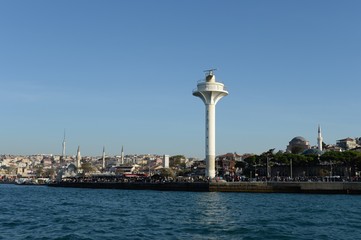Fototapeta na wymiar Marine Radio Beacon - a radar tower of the Maritime Administration on the shores of the Bosphorus in Istanbul